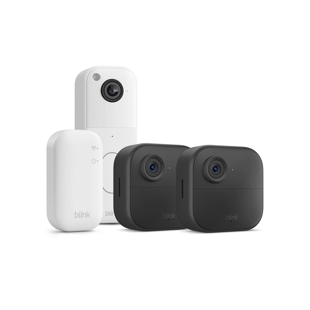 Set 2 camere de supraveghere Blink Outdoor 4 + sonerie video Blink, Wireless, Full HD 1080p, compatibila cu Alexa, vedere nocturna IR, audio bidirectional, detectare miscare si persoane, IP65, modul de sincronizare inclus