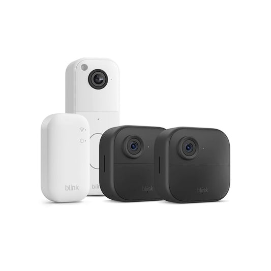 Set 2 camere de supraveghere Blink Outdoor 4 + sonerie video Blink, Wireless, Full HD 1080p, compatibila cu Alexa, vedere nocturna IR, audio bidirectional, detectare miscare si persoane, IP65, modul de sincronizare inclus