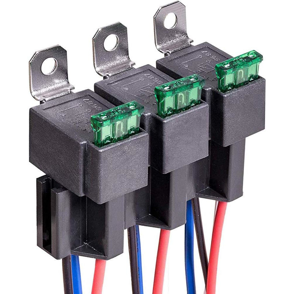 Set 3 releu auto SPST cu siguranta ATO/ATC, 12V 30A, 4 pini, cu priza si cablaj 14 AWG, Gebildetu