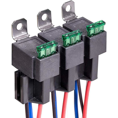Set 3 releu auto SPST cu siguranta ATO/ATC, 12V 30A, 4 pini, cu priza si cablaj 14 AWG, Gebildetu