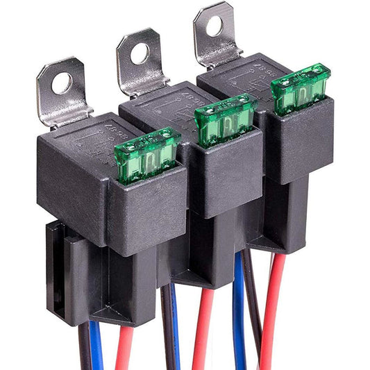 Set 3 releu auto SPST cu siguranta ATO/ATC, 12V 30A, 4 pini, cu priza si cablaj 14 AWG, Gebildetu