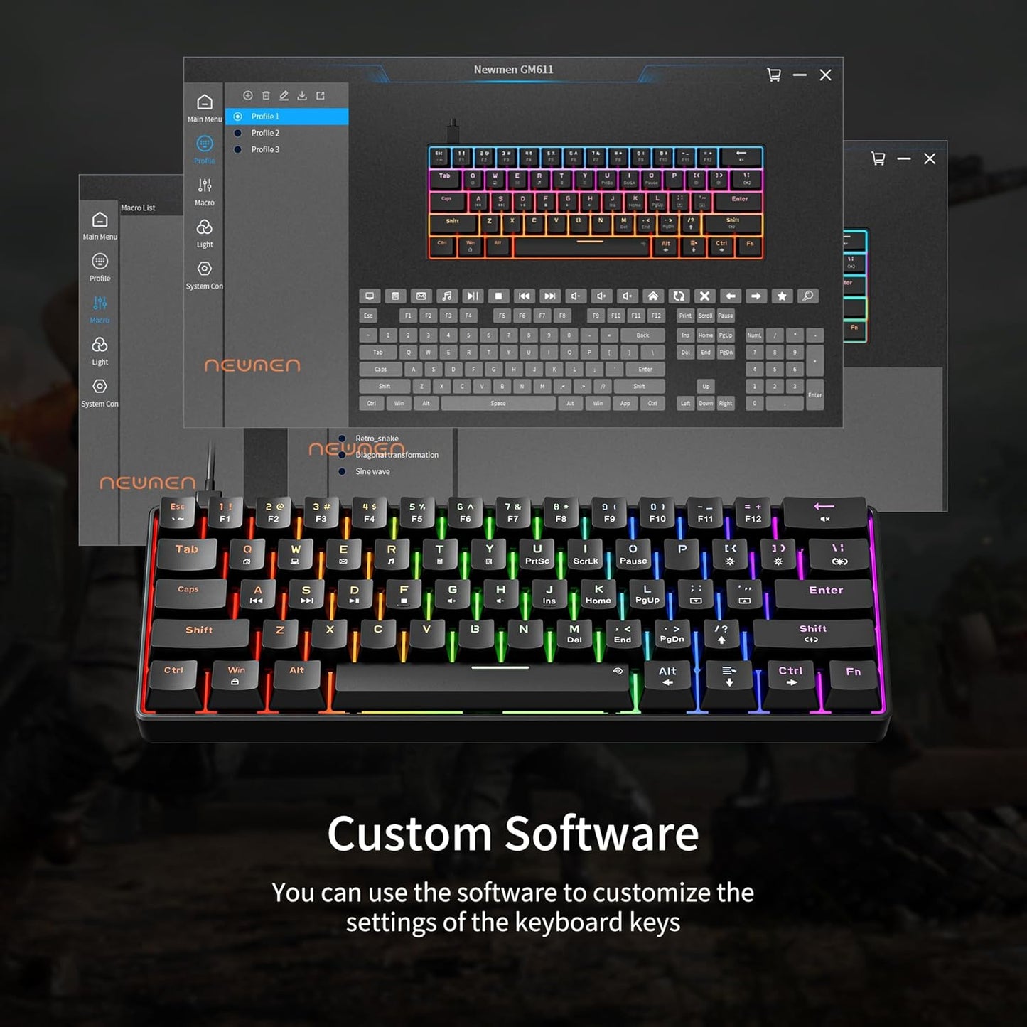 Tastatura gaming mecanica RGB EN (US) compacta 61 taste Blue Switch, Hot Swap, programabila, iluminare LED, pentru PC/Windows
