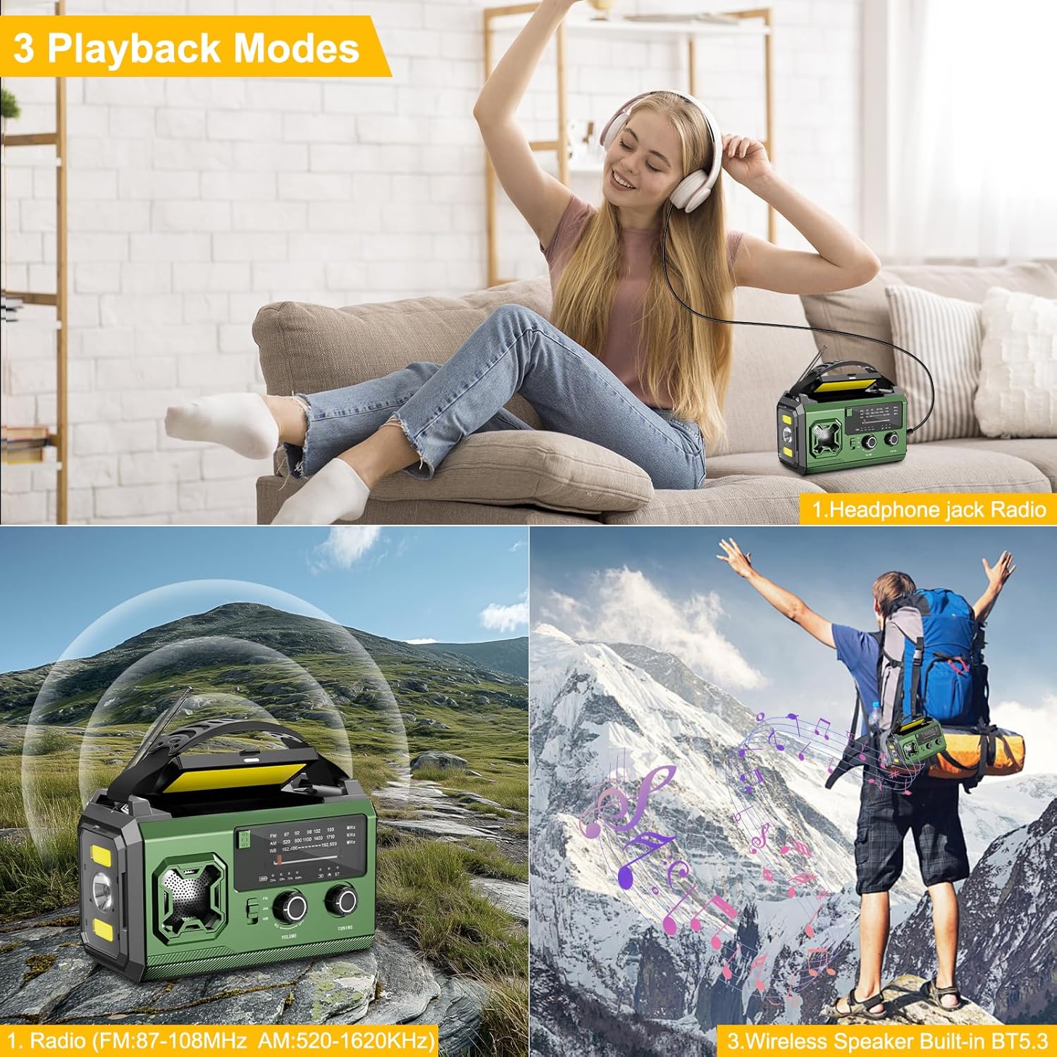 Radio portabil de urgenta cu manivela si panou solar, 27000 mAh, FM/AM, lanterna LED, alarma SOS, busola, functie power bank, USB-C, Bluetooth, verde