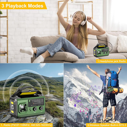 Radio portabil de urgenta cu manivela si panou solar, 27000 mAh, FM/AM, lanterna LED, alarma SOS, busola, functie power bank, USB-C, Bluetooth, verde
