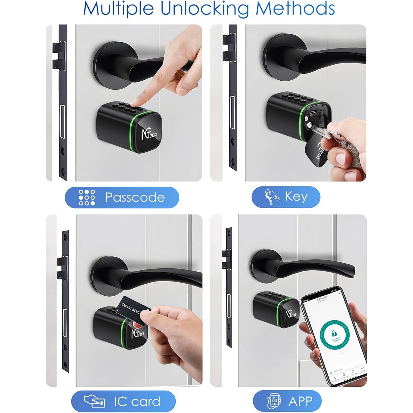 Butuc incuietoare smart, cilindru ajustabil cu cod de acces, aplicatie dedicata, card IC si cheie, pentru usi de la 30-90 mm, negru