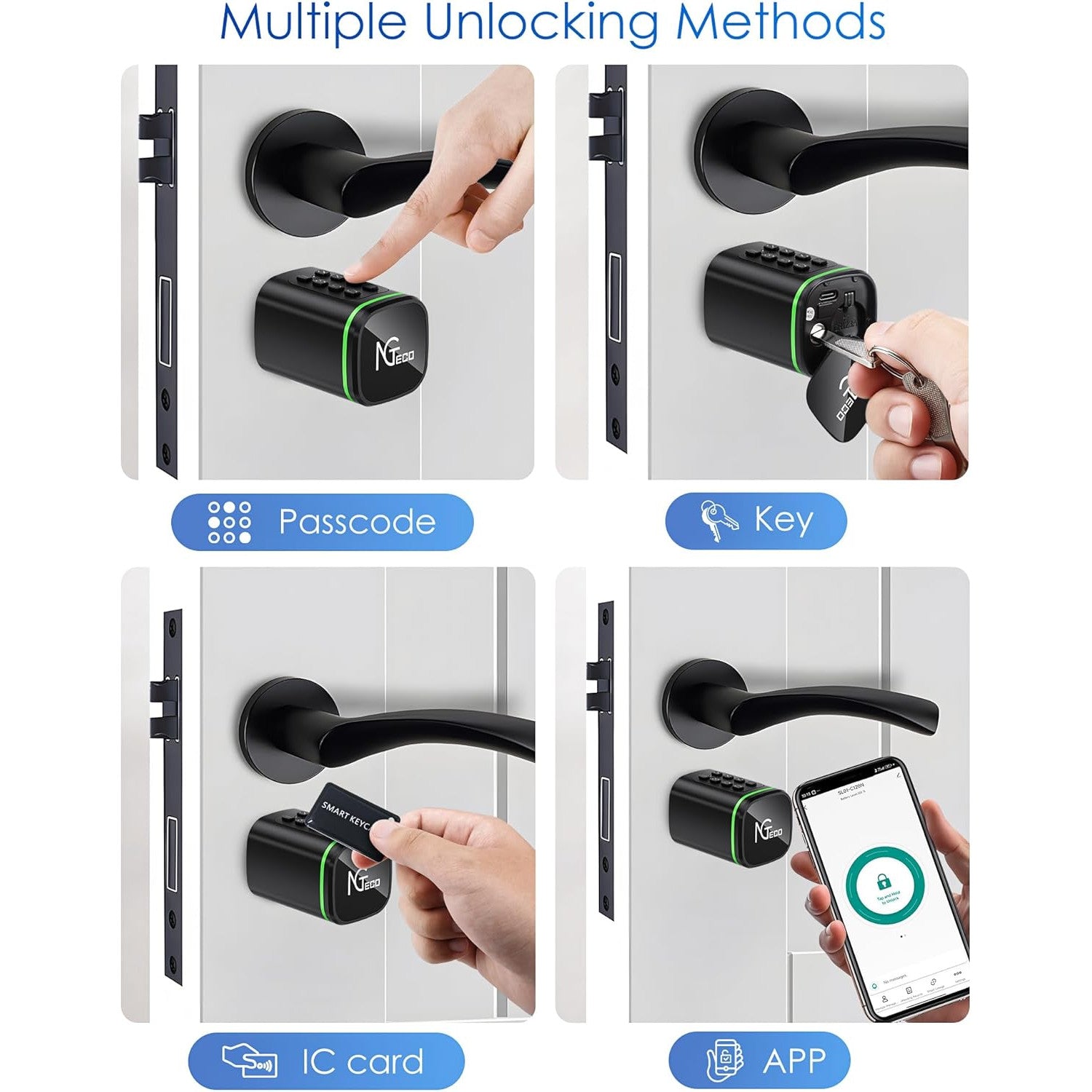 Butuc incuietoare smart, cilindru ajustabil cu cod de acces, aplicatie dedicata, card IC si cheie, pentru usi de la 30-90 mm, negru