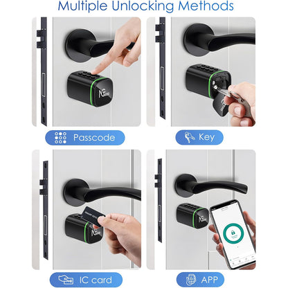 Butuc incuietoare smart, cilindru ajustabil cu cod de acces, aplicatie dedicata, card IC si cheie, pentru usi de la 30-90 mm, negru