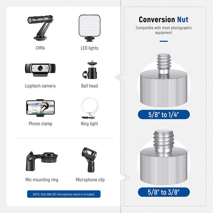 Brat de microfon cu menghina, cu adaptor de la 5/8" la 1/4" si adaptor de la 5/8" la 1/4", sarcina maxima 1.8 kg, rotire 360°, din metal, cu arc incastrat, reglabil