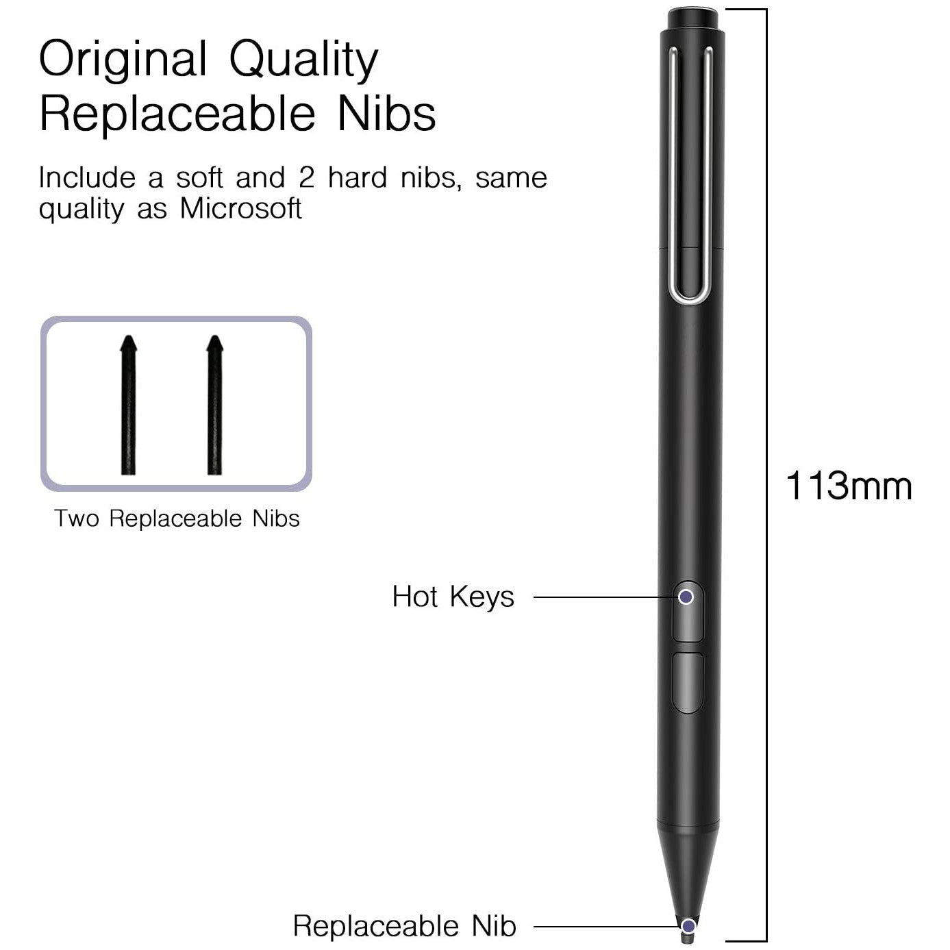 Pix Stylus pentru Microsoft Surface, 1024 puncte presiune, Respingere palma, Surface PRO / Go / Laptop / Book / Studio, negru