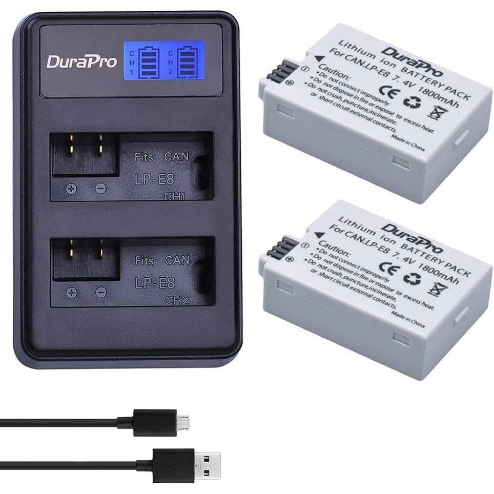 Set 2 acumulatori LP-E8 1800 mAh si incarcator dual cu display, compatibili Canon EOS 700D 600D 550D 650D, Rebel T2i, T3i, T4i, T5i, Kiss X4, X5, X6, X6i, X7i DSLR