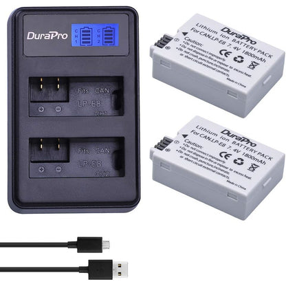 Set 2 acumulatori LP-E8 1800 mAh si incarcator dual cu display, compatibili Canon EOS 700D 600D 550D 650D, Rebel T2i, T3i, T4i, T5i, Kiss X4, X5, X6, X6i, X7i DSLR