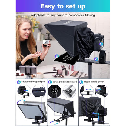 Kit teleprompter de 16 inch, Moman MT16, pentru camere DSLR, cu telecomanda, compatibil cu iPad, tableta, smartphone cu aplicatie, din metal, cu montura 1/4 inch si geanta de depozitare si transport