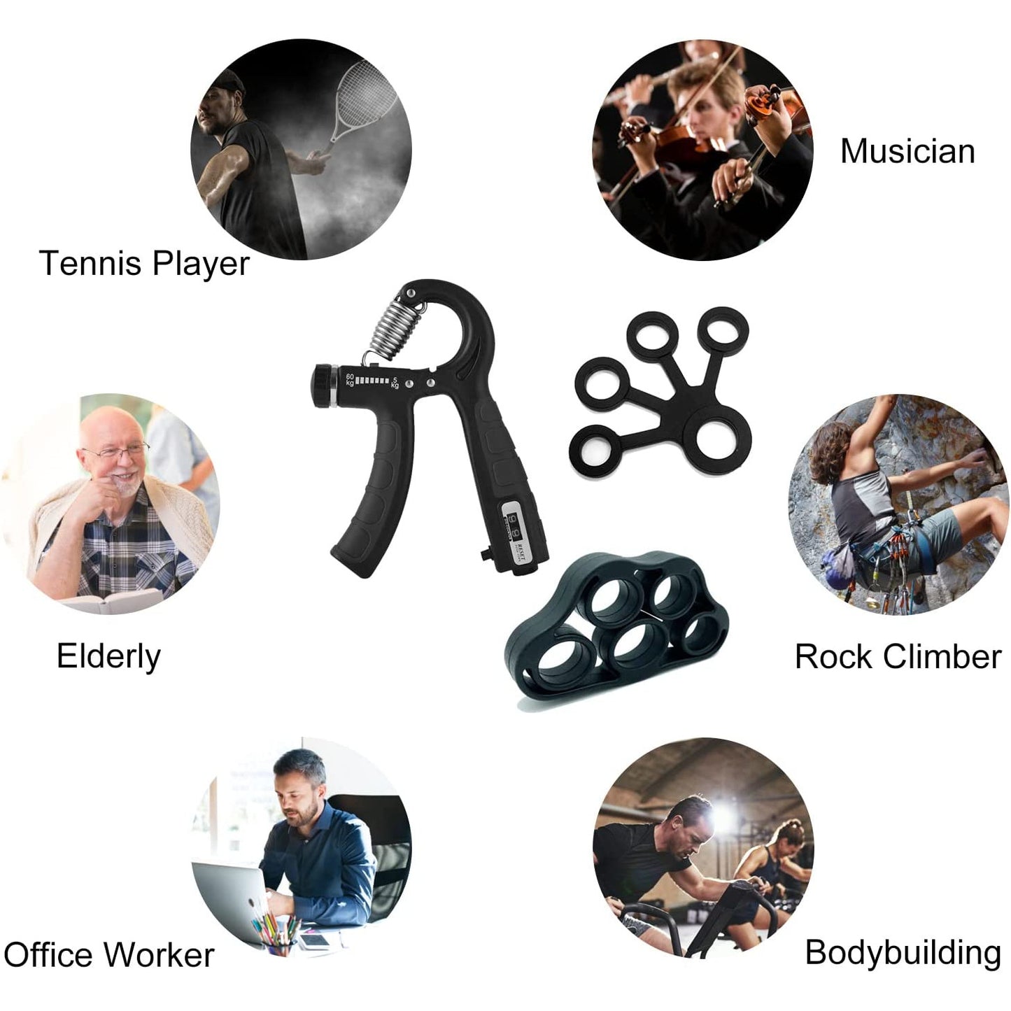 Set flexor cu functie de numarare, cu 2 flexoare, intaritor de prindere de numarare inteligenta cu arc din otel inoxidabil, rezistenta reglabila, antrenament de degete, prindere cu cinci degete pentru sportivi, muzicieni, 5-60 kg