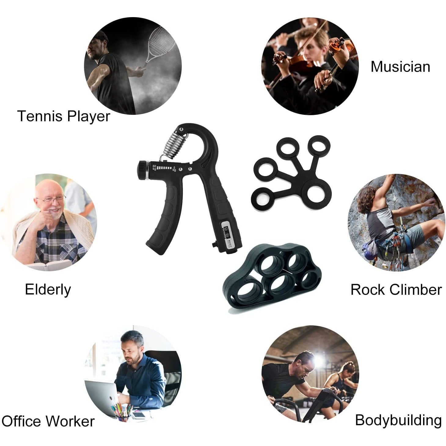 Set flexor cu functie de numarare, cu 2 flexoare, intaritor de prindere de numarare inteligenta cu arc din otel inoxidabil, rezistenta reglabila, antrenament de degete, prindere cu cinci degete pentru sportivi, muzicieni, 5-60 kg