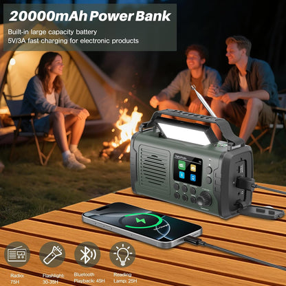 Radio de urgenta DAB/FM, 20000 mAh, manivela si panou solar, Bluetooth, powerbank, AUX, lanterna LED, alarma SOS, busola, ceas, incarcare USB, verde