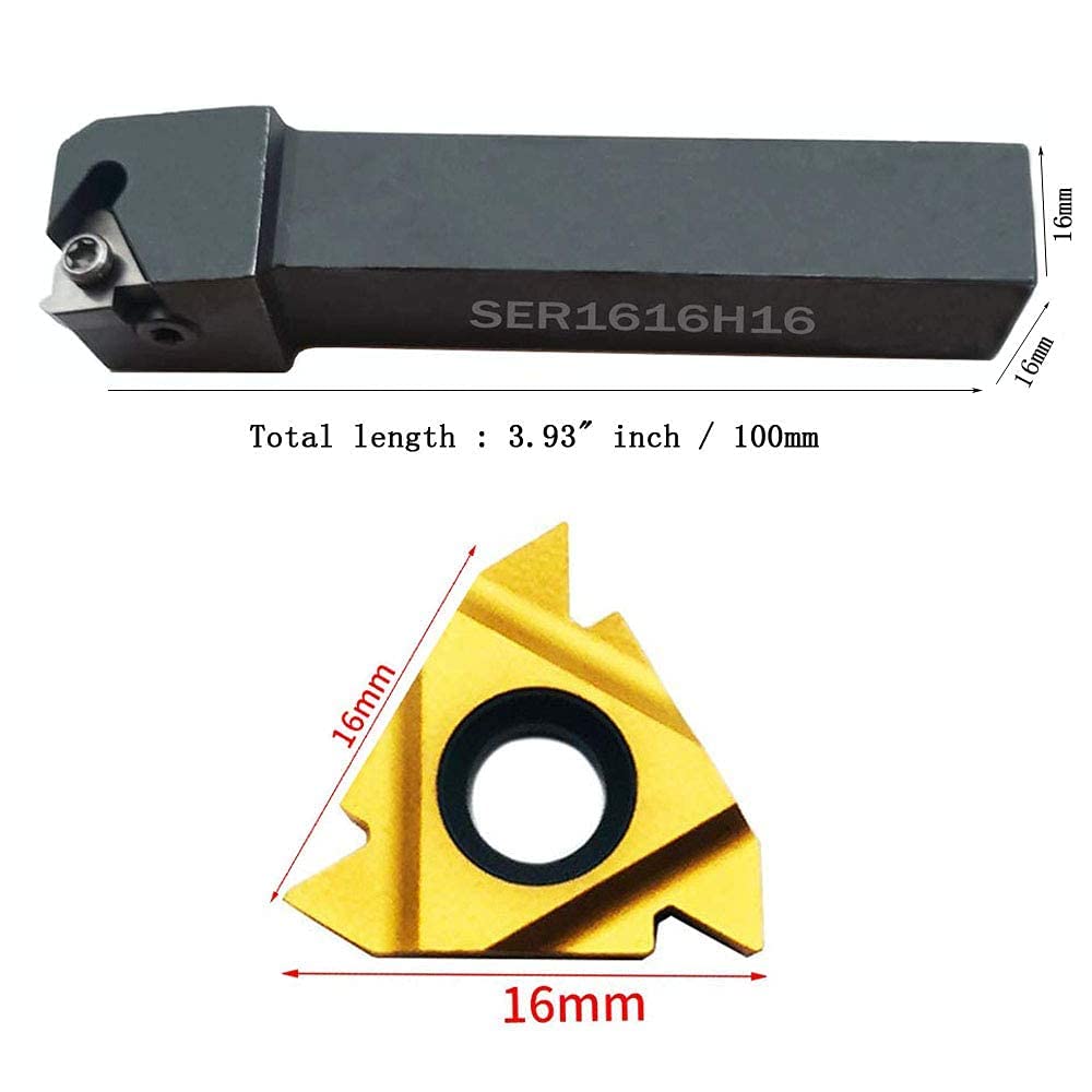 Suport scule strung CNC SER1616H16 5/8", cu 10 insertii din carbura 16ER AG60, set pentru filetare metal, taiere dreapta, pas 0.5–3.0 mm, constructie otel rezistent cu finisaj oxidat negru, stabil si durabil, cheie T8 inclusa, pentru atelier si CNC