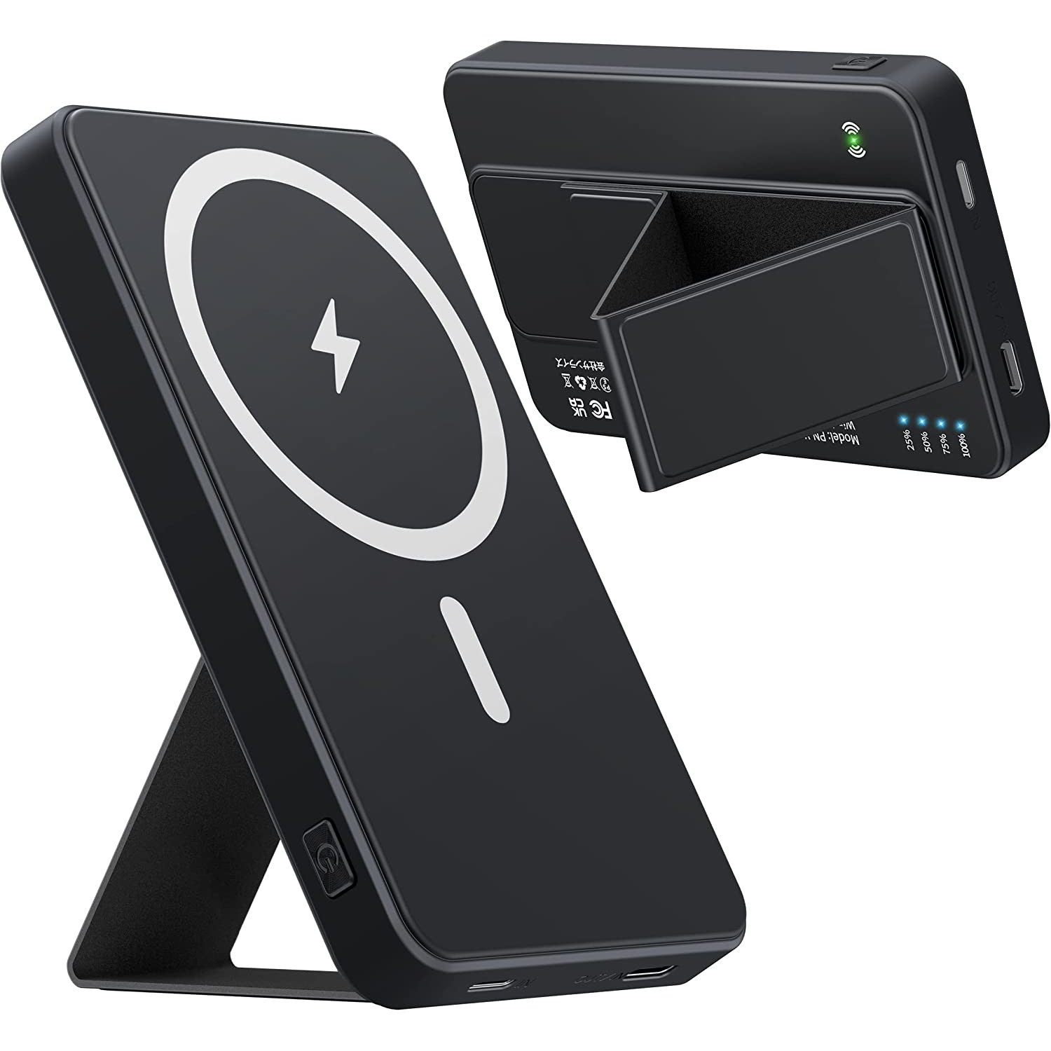 Incarcator wireless magnetic MagSafe, 5000 mAh, Power Bank cu suport pliabil, baterie externa compatibil cu iPhone 12/13/14 Plus/Mini/Pro/Pro Max, negru