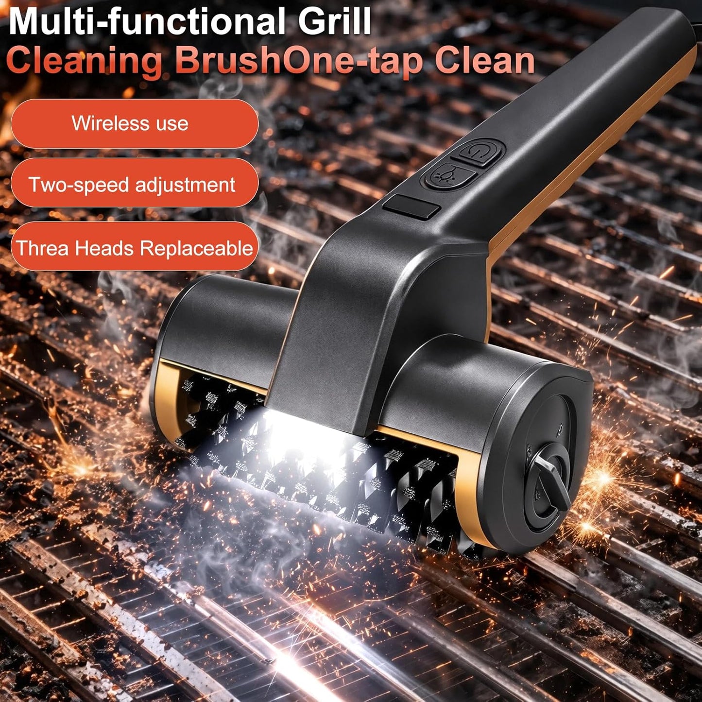 Perie electrica pentru curatat gratare, 3 Viteze, 3 capete de perie detasabile, motor puternic, baterie autonomie pana la 150 minute, IPX4 waterproof, peri otel inoxidabil 304, compatibil gratare gaz, carbune, fonta si ceramica