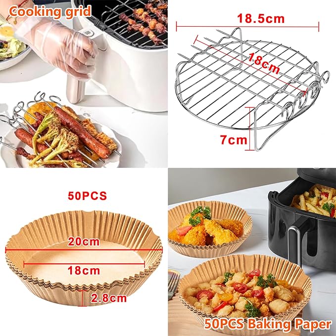 Set accesorii compatibile friteuza cu aer cald 4 x 19 cm – gratar, tava pizza si hartie de copt siliconica pentru Russell Hobbs 4L, Philips 2000 4, 2L, Ninja 5, 2L, COSORI 3, 8L