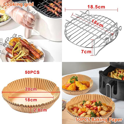 Set accesorii compatibile friteuza cu aer cald 4 x 19 cm – gratar, tava pizza si hartie de copt siliconica pentru Russell Hobbs 4L, Philips 2000 4, 2L, Ninja 5, 2L, COSORI 3, 8L