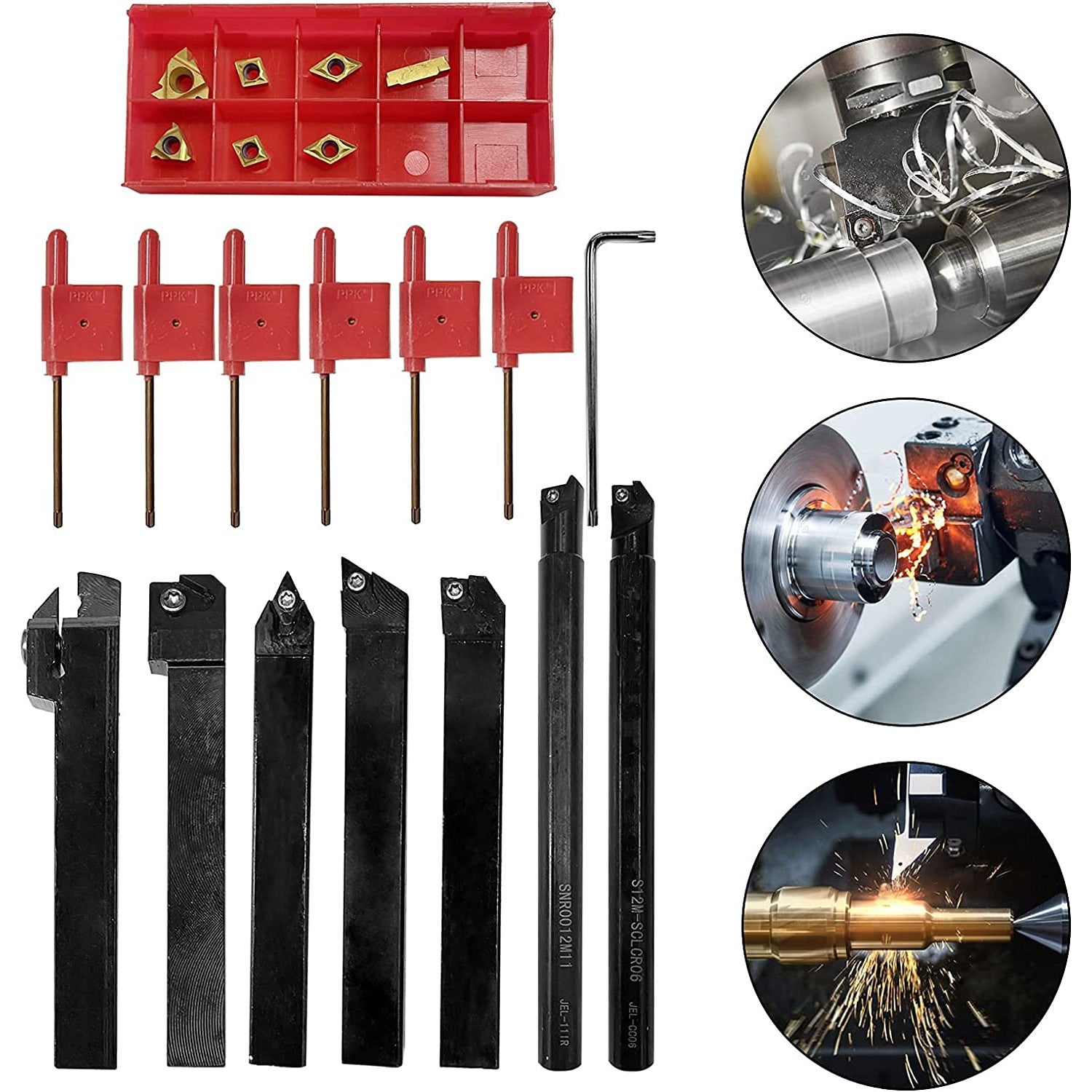 Set cutite de strung cu placute amovibile, 7 pese de strunjit cu insertii din carbura 12 mm cu bara de gaurit si 7 chei T8