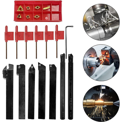 Set cutite de strung cu placute amovibile, 7 pese de strunjit cu insertii din carbura 12 mm cu bara de gaurit si 7 chei T8