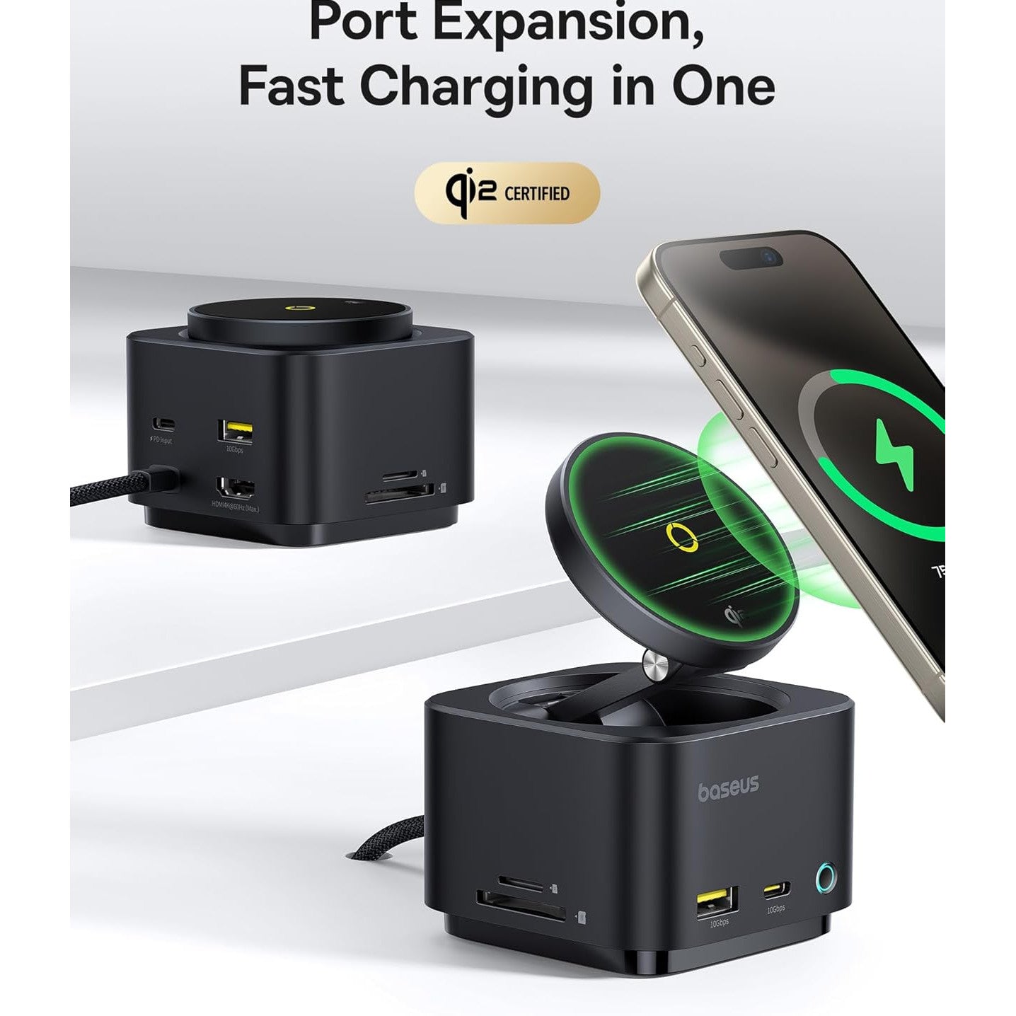 Statie de andocare 7 in 1 cu incarcator wireless Magsafe Qi2 15W, port HDMI 4K @ 60Hz, USB-C 100W PD, USB A 3.2 10 Gbps, slot card SD/TF, compatibil cu iPhone 16/15/Mac/Dell/HP/Surface