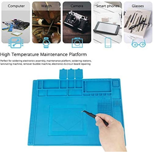 Covoras multifunctional pentru pistol de lipit, 45 x 30 cm, antistatic, din silicon rezistent la caldura 500°C, protectie masa de lucru cu compartimente magnetice, albastru
