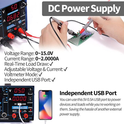 Statie de lipit si dezlipit 3 in 1 cu sursa de laborator reglabila 0-35V 0-5A, letcon, testare a curentului si tensiunii, port USB 5V, temperatura reglabila, mod auto/manual, pentru reparatii de telefoane mobile si electronice