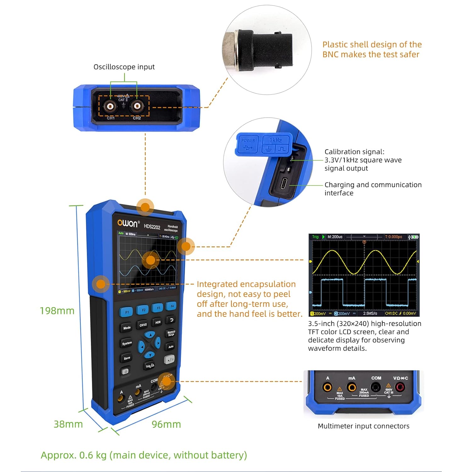 Osciloscop profesional portabil cu latime de banda 200 MHz, 1GSa/s, rezolutie verticala 10MV-10V, cu functie multimetru digital cu 20.000 counts, ecran 3.5 inch, acumulator 5200mAh, multifunctional