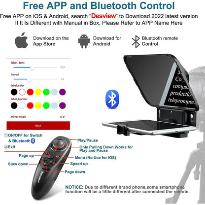 Kit teleprompter cu telecomanda si adaptoare obiectiv, pentru smartphone si tableta pana la 11 inch, cu aplicatie dedicata, pentru camere DSLR si smatphone