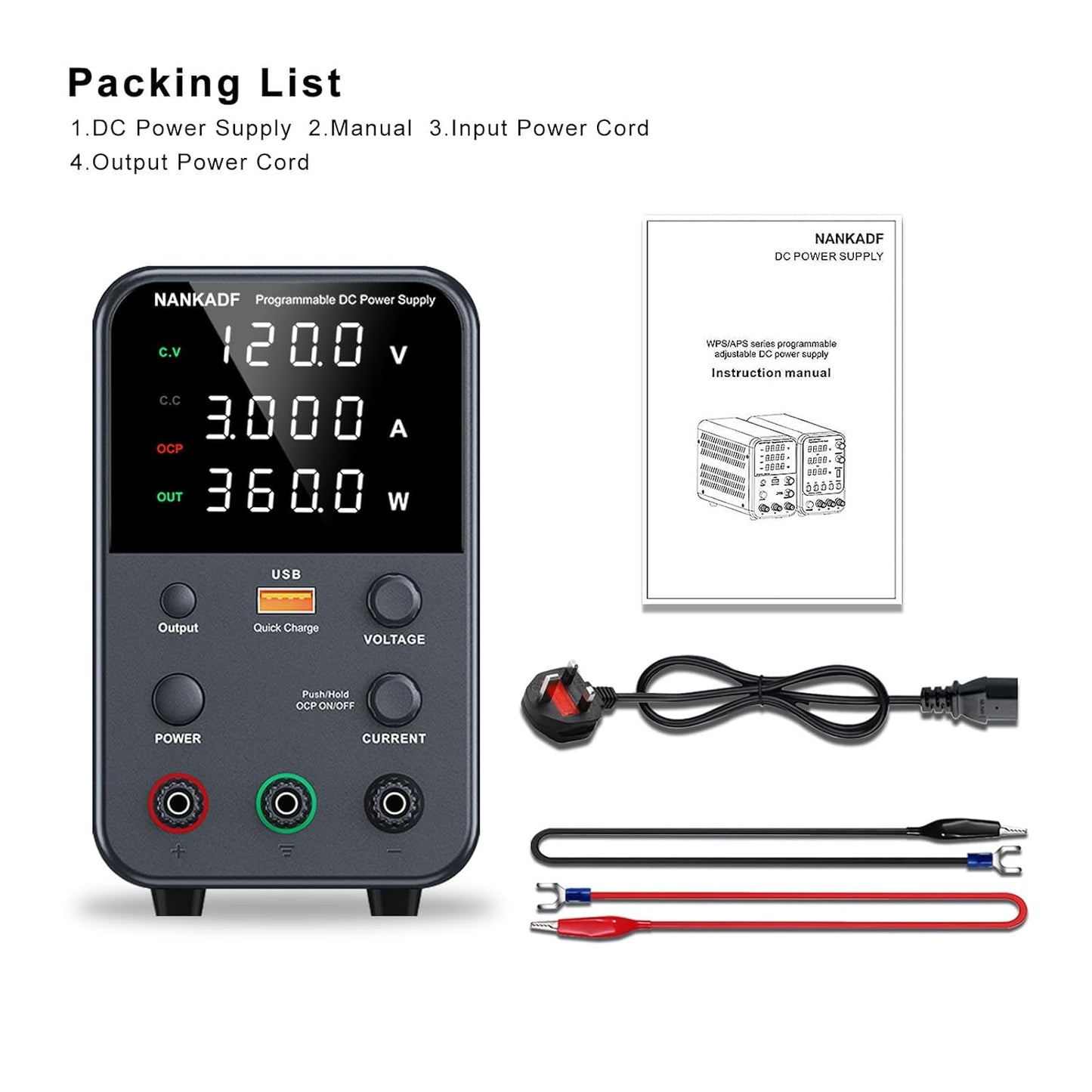 Sursa de alimentare de laborator 0-120 V, 0-3 A, 360 W, cu display LED, ventilator de racire, functie protectie supracurent (OCP), cu port USB 18 W, stabilizare voltaj si curent, CV/CC