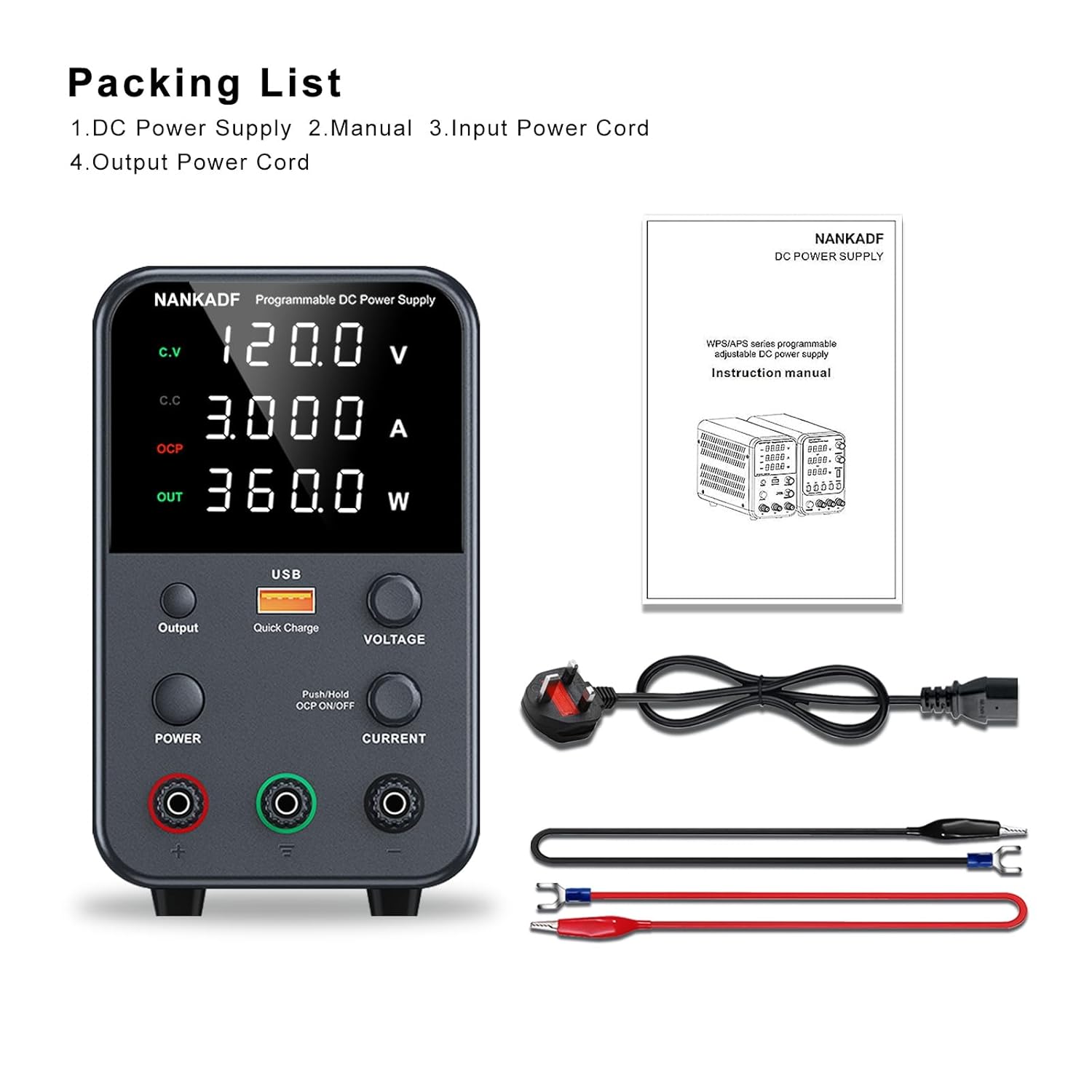 Sursa de alimentare de laborator 0-120 V, 0-3 A, 360 W, cu display LED, ventilator de racire, functie protectie supracurent (OCP), cu port USB 18 W, stabilizare voltaj si curent, CV/CC