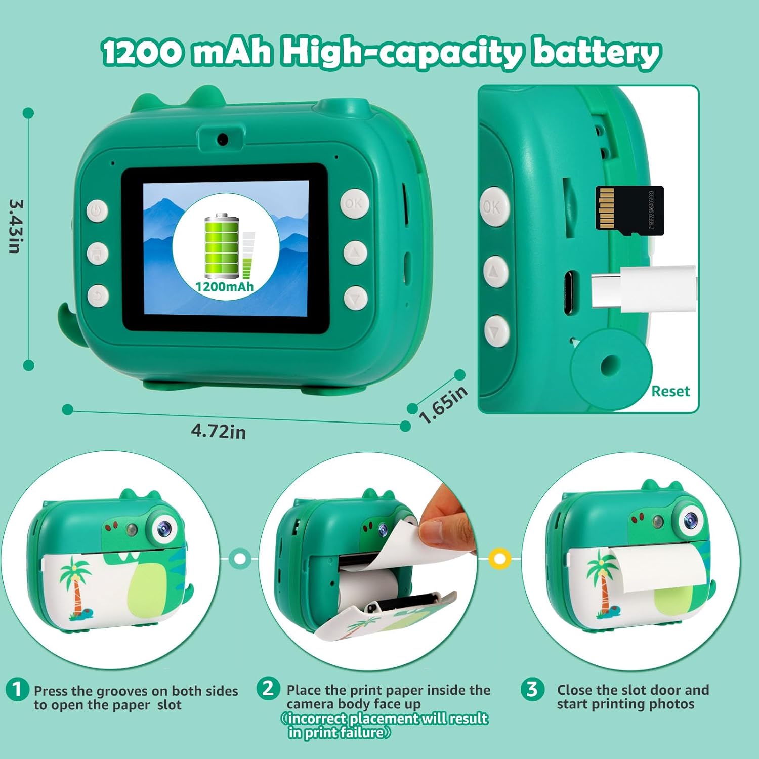 Camera foto instant pentru copii, camera instantanee cu functie printare, video HD 1080P, blit, functie MP3 Player, jocuri incorporate, slot card, cu 7 role hartie incluse