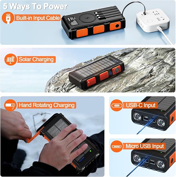 Baterie externa wireless solara, 26800 mAh, Power Bank cu incarcare wireless QI, cu manivela si 4 cabluri, lanterna 3 moduri LED, busola incorporata, carabina, baterie externa pentru camping si drumetii