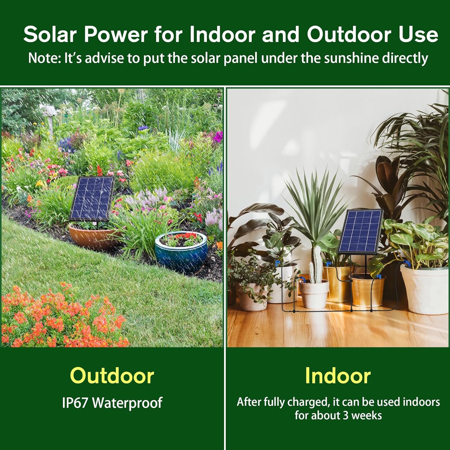Sistem de irigare prin picurare cu panou solar, de 15 m, cu 15 aspersoare, 6 moduri de udare, alarma lipsa apa, impermeabil IP67, utilizare in interior/exterior, pentru balcon, gradina, sera