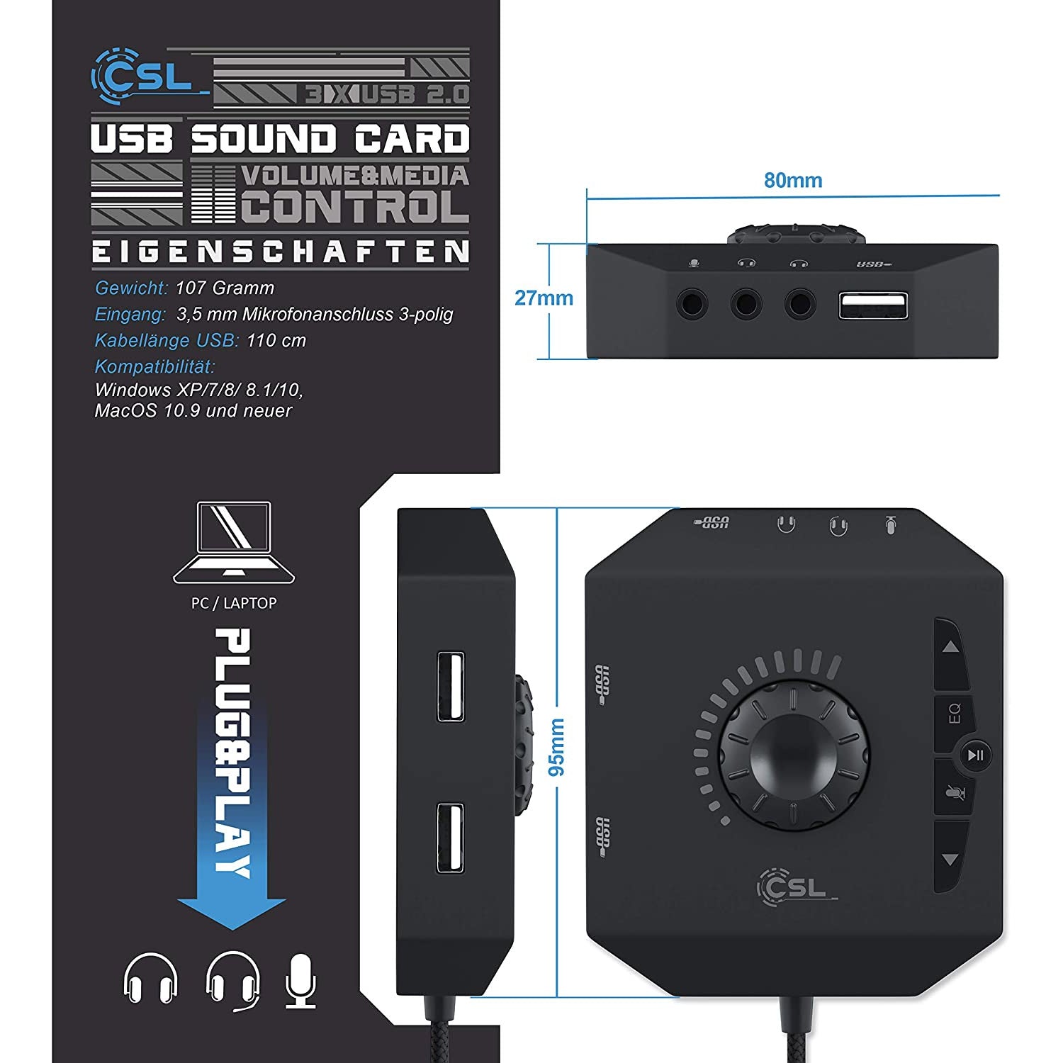 Placa de sunet externa CSL USB 3 in 1 amplificator, terminal conectare casti si Hub USB, cu egalizator si rotita volum