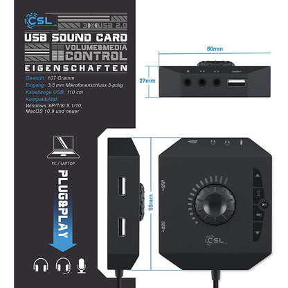 Placa de sunet externa CSL USB 3 in 1 amplificator, terminal conectare casti si Hub USB, cu egalizator si rotita volum