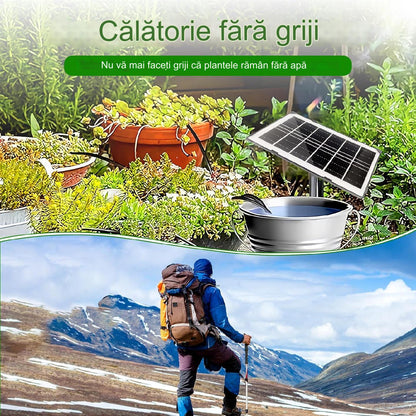 Kit sistem irigare prin picurare cu panou solar, cu 15 picuratoare reglabile, 12 moduri de temporizare, alimentare duala cu USB-C si panou solar, indicator nivel baterie, alerta lipsa apa, Helesin