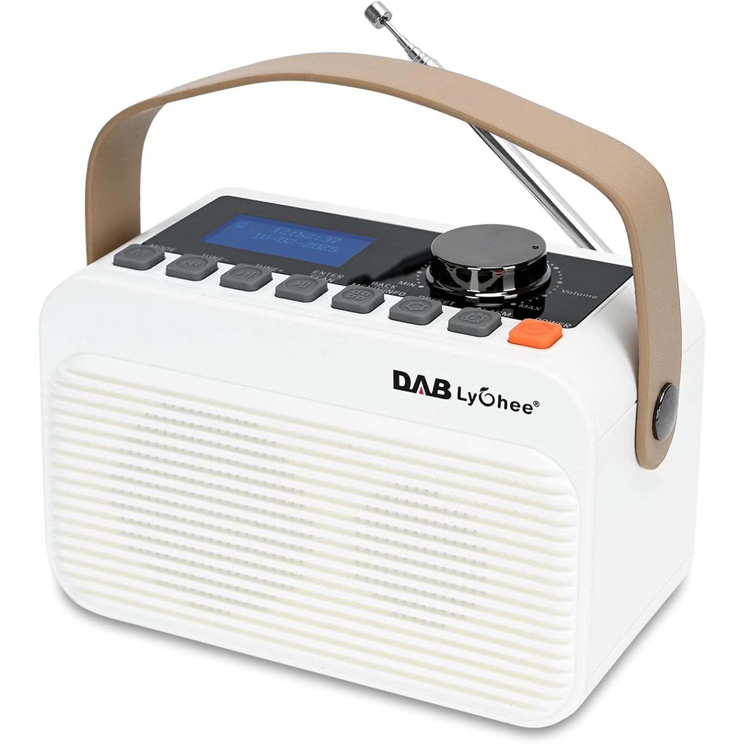 Radio portabil DAB/DAB+ & FM, Bluetooth 5.0, baterie reincarcabila 4000 mAh, afisaj LED, redare USB & card TF, Jack casti 3.5 mm, functie alarma, design compact cu curea, alb-crem