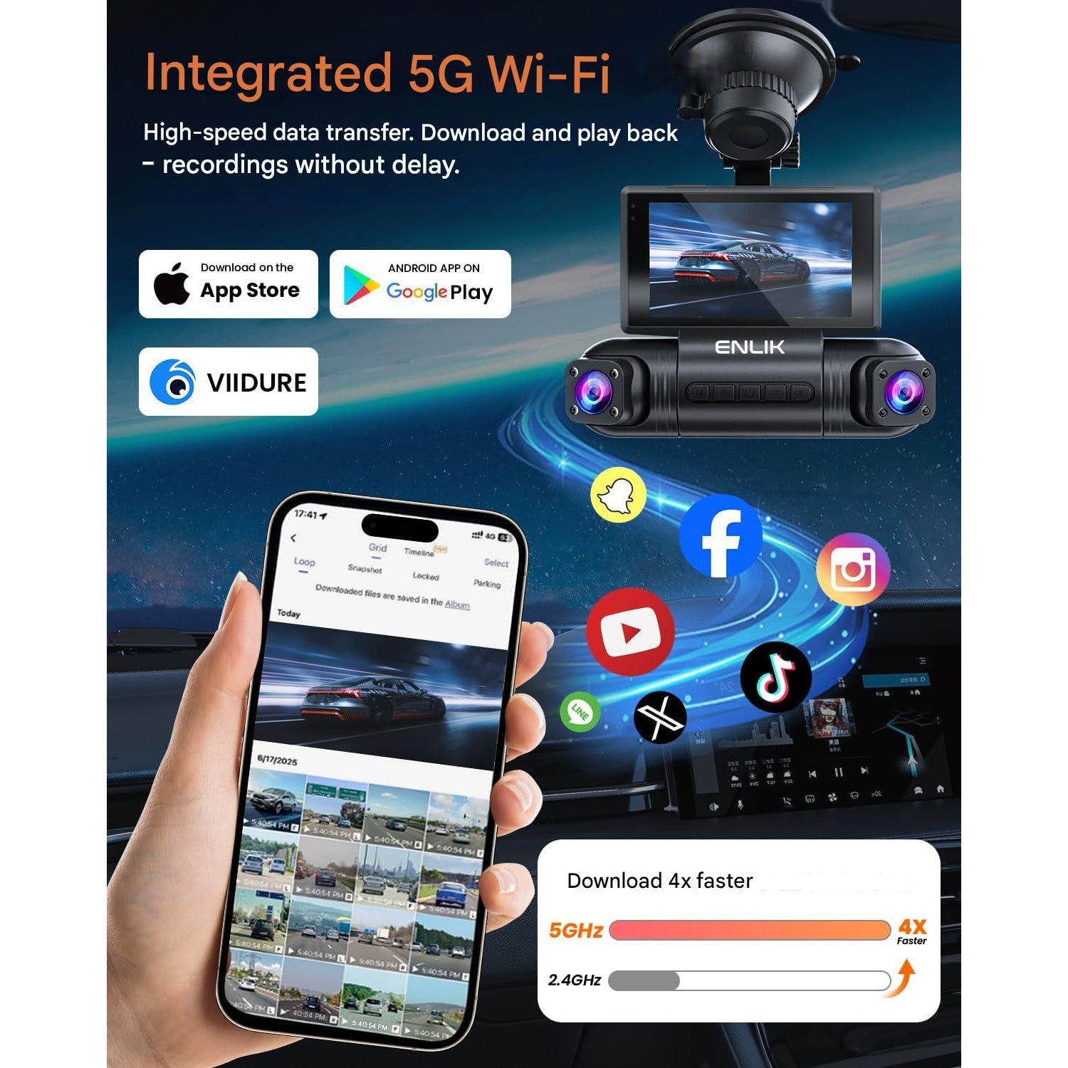 Camera auto de bord wireless, 4 canale, 2K + 3×1080P, Wi-Fi cu aplicatie, unghi filmare 360°, senzor G, 8 LED-uri IR, vedere nocturna, camera video marsarier inclusa in pachet, card SD 128 GB