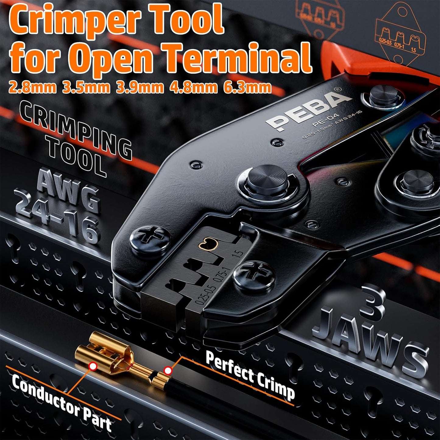 Set cleste sertizare cu 20 tipuri de conectori spada, pini de 2,8 / 3,9 / 4,8 / 6,3 mm, cleste de sertizare 0,25-2,5 mm², cu cleste multifunctional pentru dezizolat fire 0.25 - 2.5 mm², in cutie de transport si depozitare