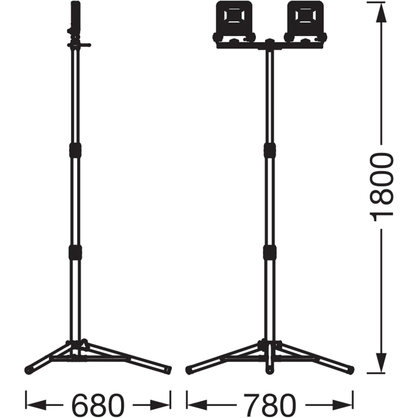 Proiector LED OSRAM cu trepied, 2 x 50W, 9000 lm, alb rece 4000K, CRI ≥80, inaltime reglabila pana la 1, 8 m, capete duble rotative 360°/180°, IP65, carcasa din aluminiu si otel, lumina puternica pentru santier, atelier si lucrari profesionale