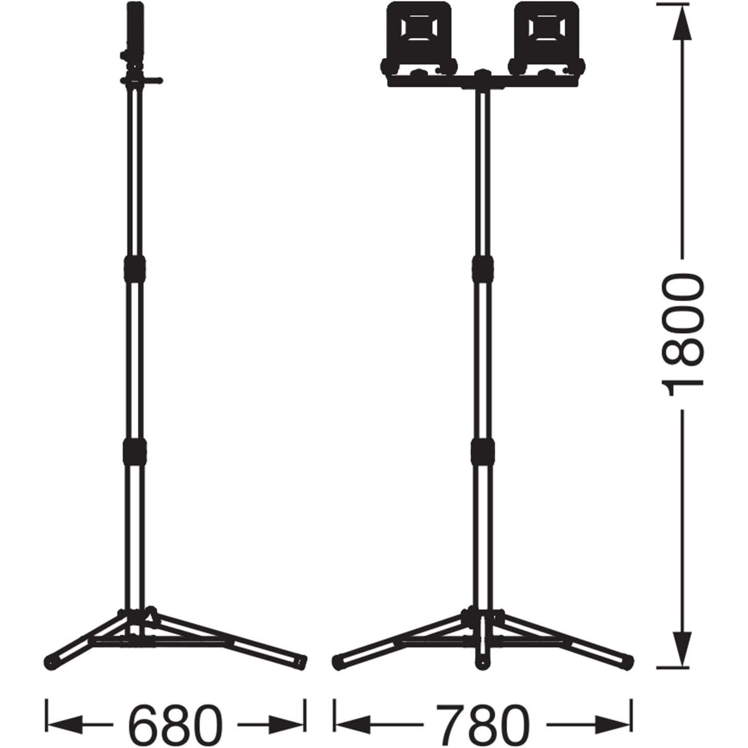 Proiector LED OSRAM cu trepied, 2 x 50W, 9000 lm, alb rece 4000K, CRI ≥80, inaltime reglabila pana la 1, 8 m, capete duble rotative 360°/180°, IP65, carcasa din aluminiu si otel, lumina puternica pentru santier, atelier si lucrari profesionale