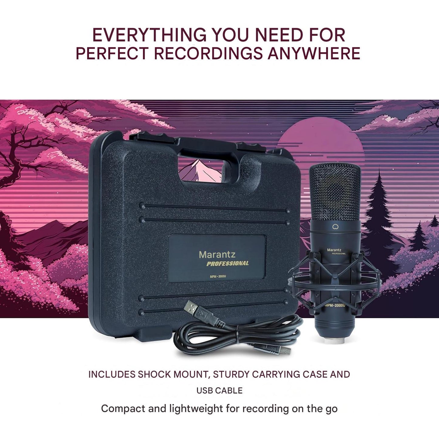 Microfon USB Marantz Professional MPM-2000U cu diafragma mare, calitate audio de studio, ideal pentru inregistrari profesionale, podcasturi, Streaming Twitch, YouTube, voce si instrumente acustice, include suport antisoc, cablu USB si geanta de transport