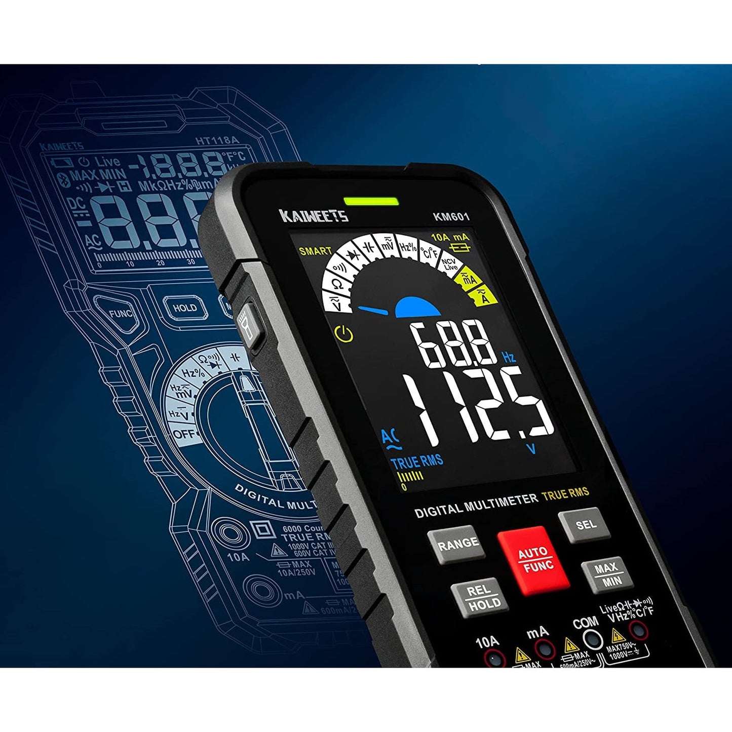 Multimetru digital smart, tester AC/DC CAT III 1000V CAT IV 600V True RMS, 10000 Counts, selectare automata a parametrilor masurati, tensiune, continuitate, rezistenta, temperatura, NCV, KAIWEETS KM601