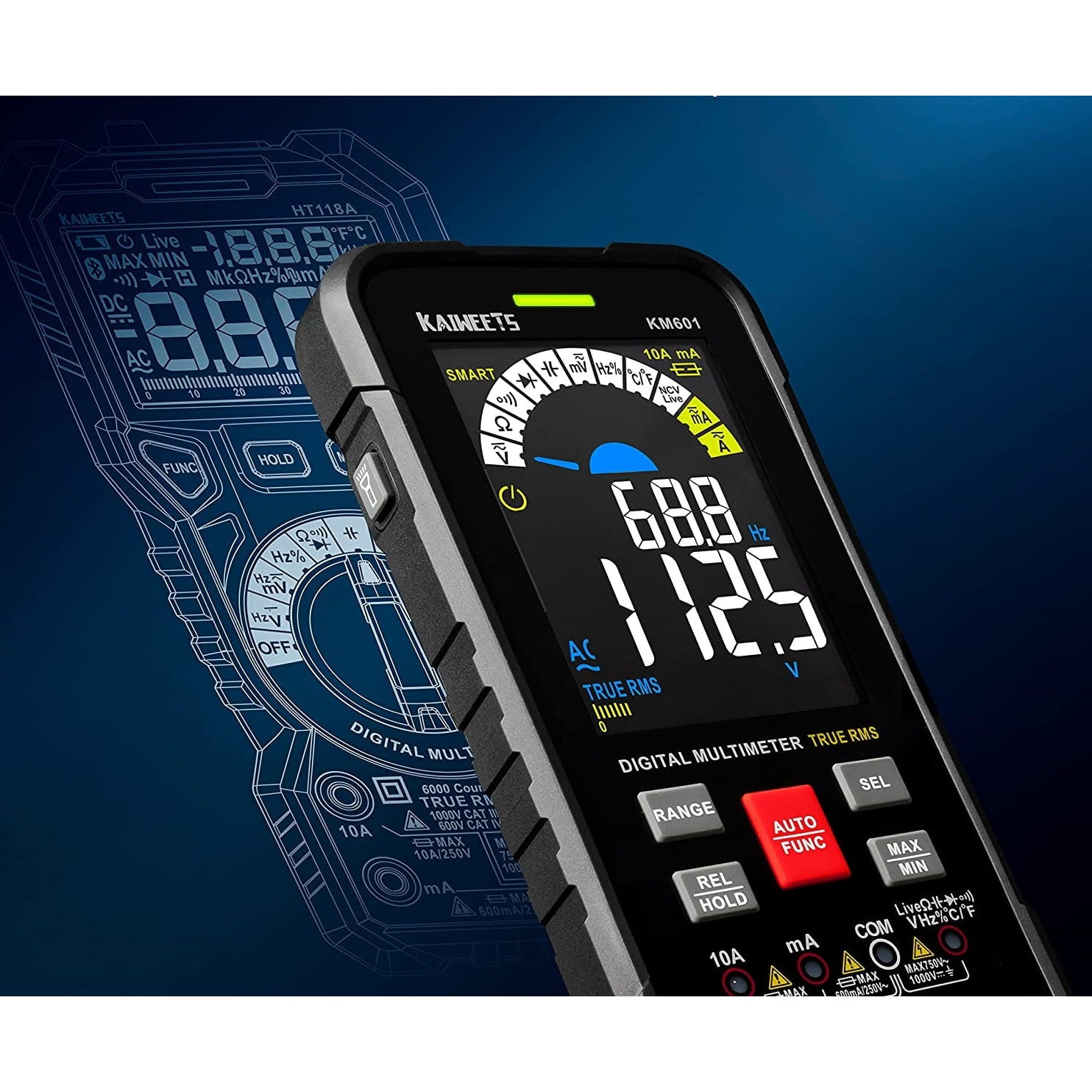 Multimetru digital smart, tester AC/DC CAT III 1000V CAT IV 600V True RMS, 10000 Counts, selectare automata a parametrilor masurati, tensiune, continuitate, rezistenta, temperatura, NCV, KAIWEETS KM601