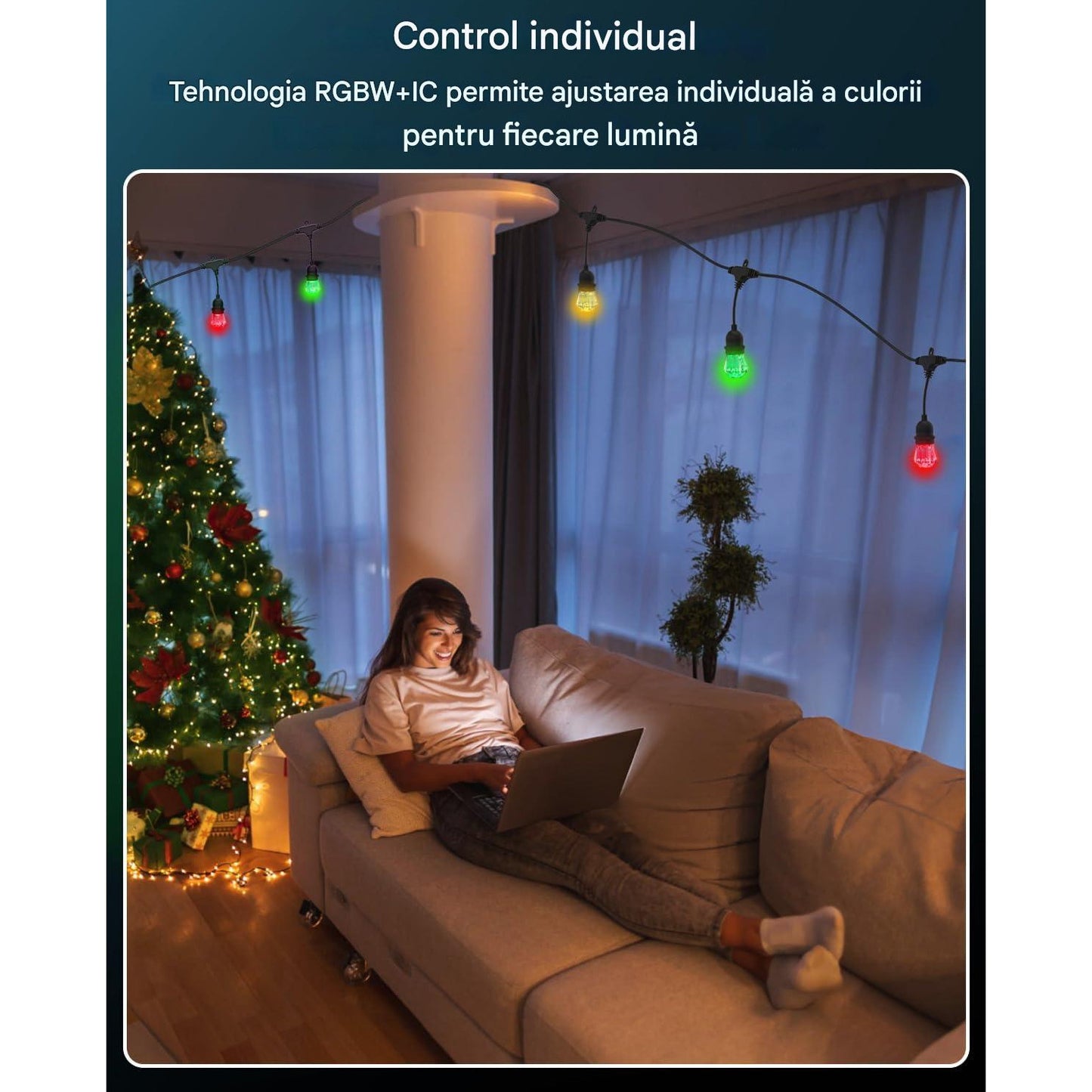 Ghirlanda luminoasa LED RGBW+IC, de 12 m, 12 becuri, fiecare bec controlabil individual, impermeabila IP65, dimabila, 16 milioane culori, aplicatie dedicata, compatibila Alexa/Google Assistant