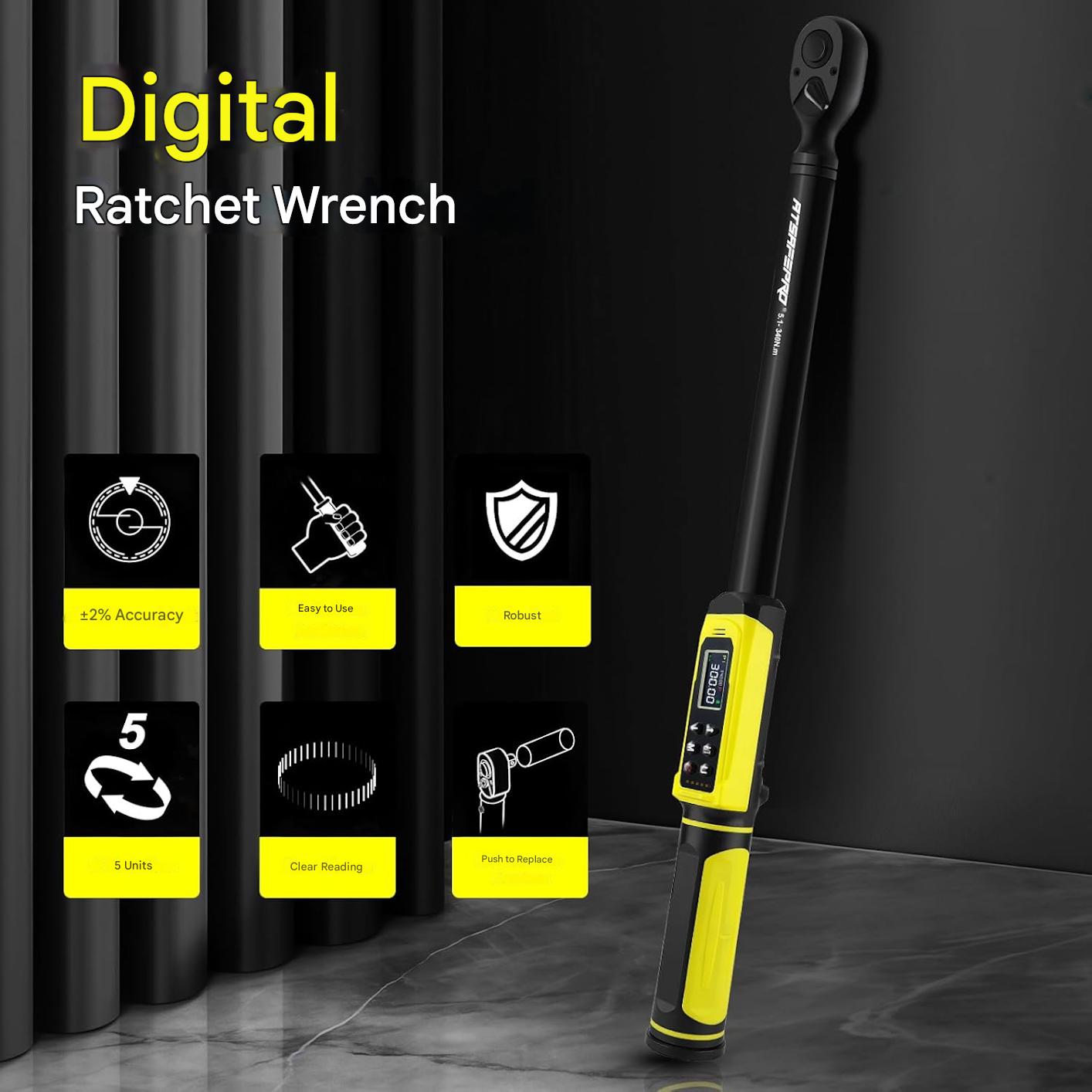 Cheie dinamometrica digitala 1/2 inch, cuplu 5.1–340 Nm, cu display LCD fata-verso, ±2% precizie, alerta sonora, cu cutie de depozitare, pentru auto, motociclete si biciclete