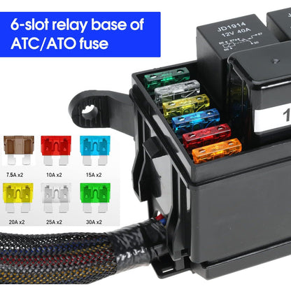 Set cutie relee si sigurante auto 12V, cu 5 releee JD1914 40A cu 5 pini, 1 releu RTT7121 cu 4 pini si 6 sigurante auto, cutie impermeabila, impotriva prafului, rezistenta la caldura, Gebildet